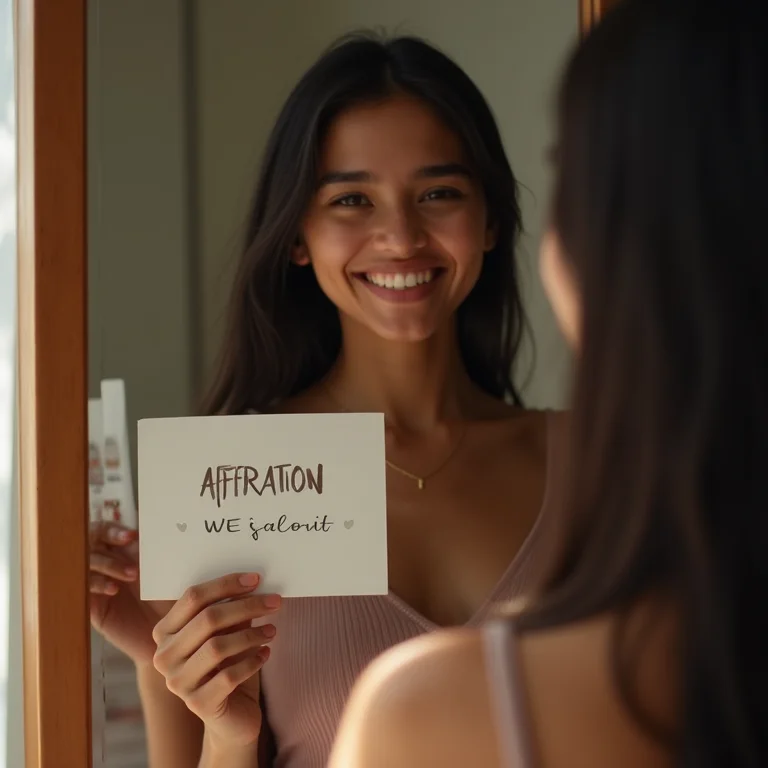 Mulher indígena brasileira sorrindo para o espelho segurando cartão de afirmação