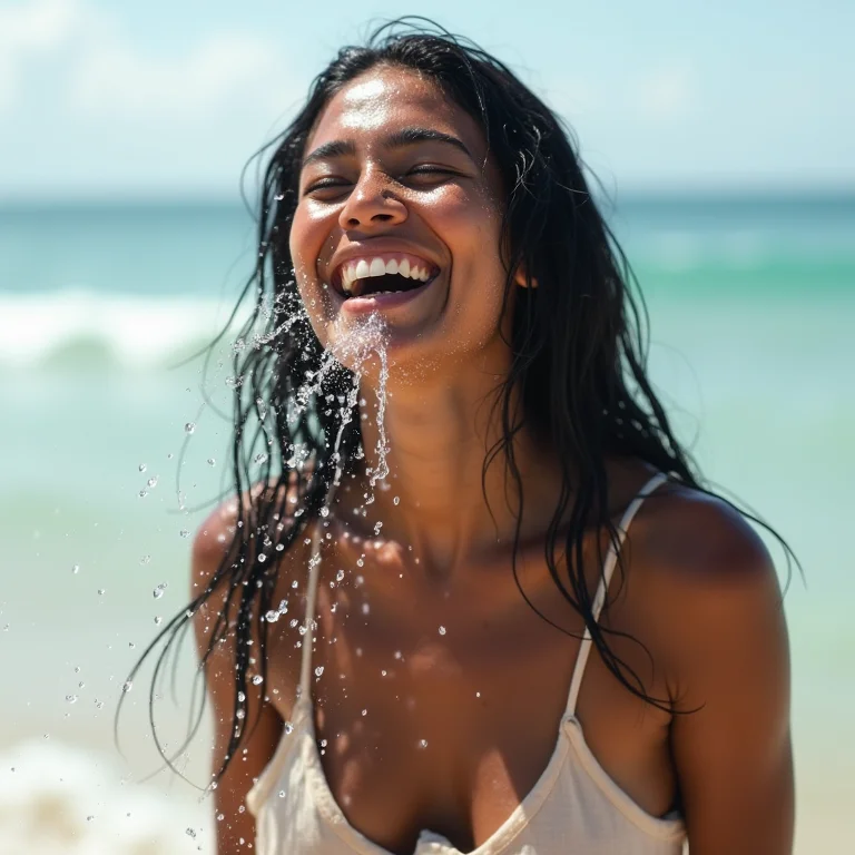 Mulher indígena brincando na água do mar.