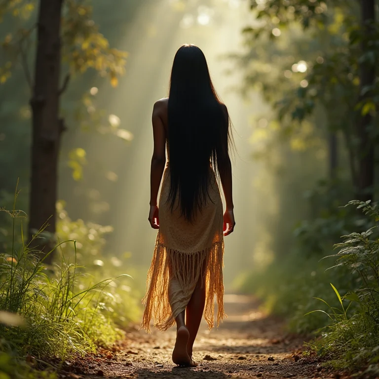 Mulher indígena caminhando na floresta, atenção plena e natureza