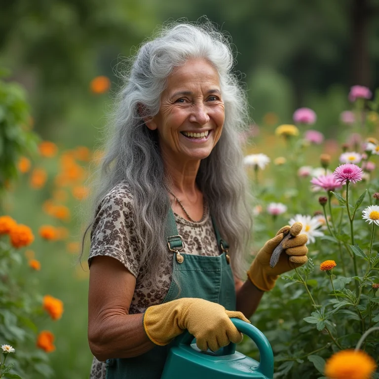 Mulher indígena cuidando do jardim