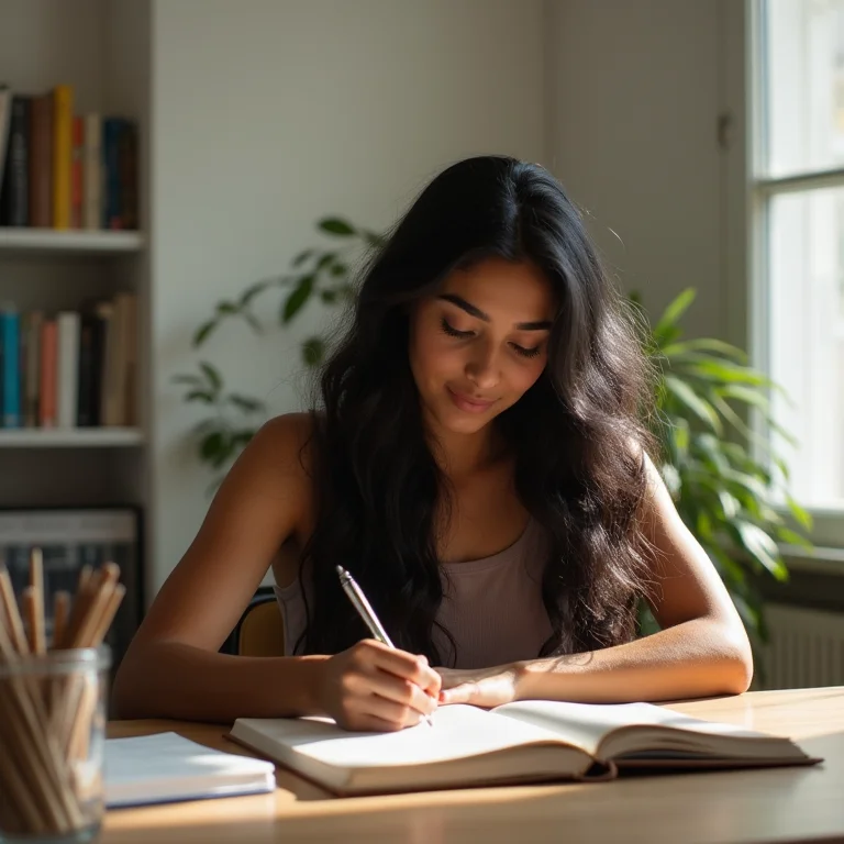 Mulher indígena escrevendo em um diário em um escritório ensolarado