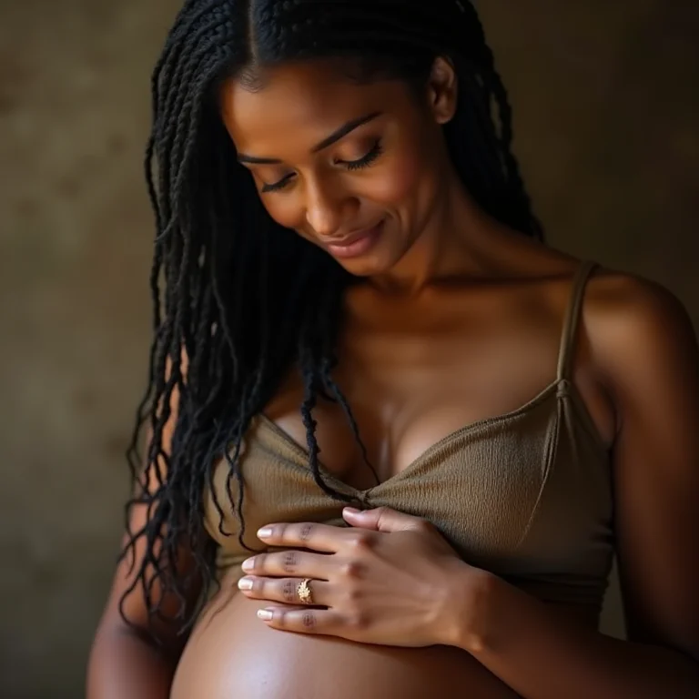 Mulher indígena grávida com as mãos na barriga, representando o Ácido Fólico (Vitamina B9)