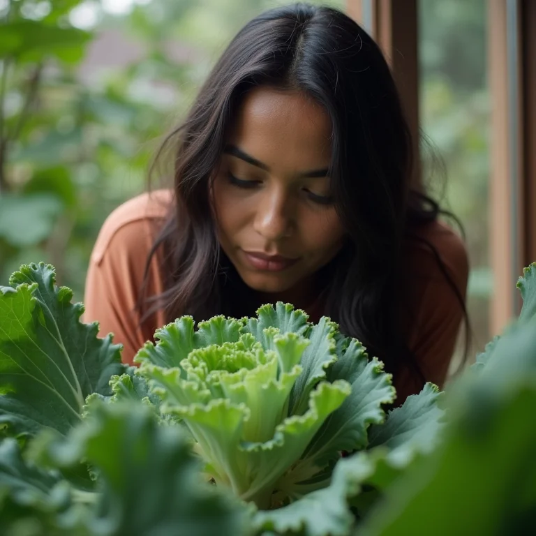 Mulher indígena inspecionando sua plantação de couve.