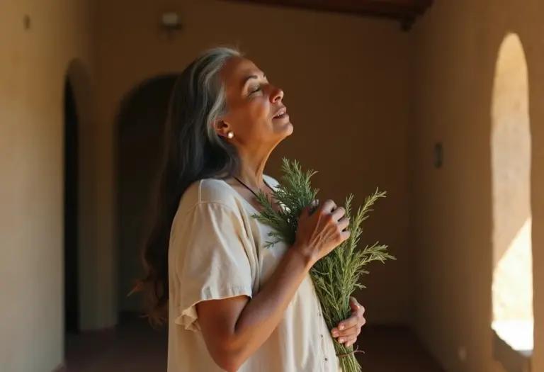 Mulher indígena meditando com alecrim
