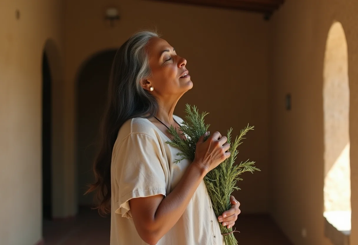 Alecrim para energizar a casa: o ritual secreto das benzedeiras Mulher indígena meditando com alecrim