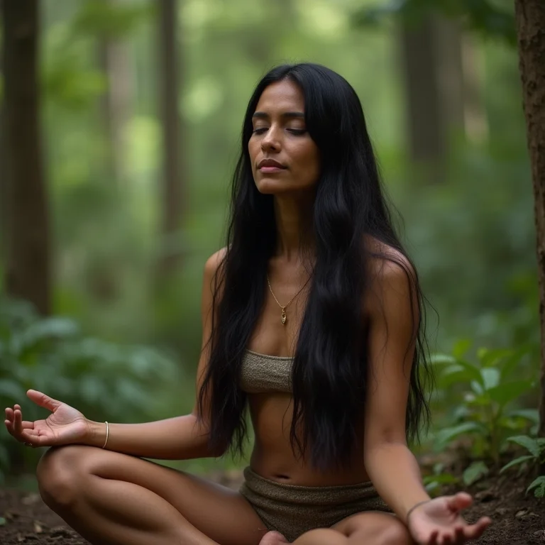 Mulher indígena meditando em floresta tranquila.