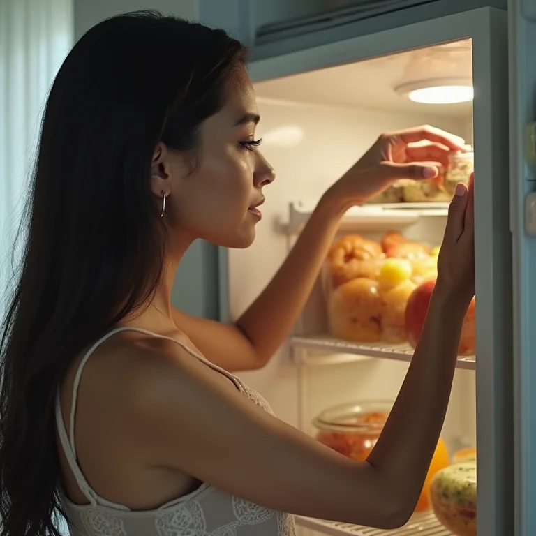 Mulher indígena organizando alimentos em potes herméticos na geladeira
