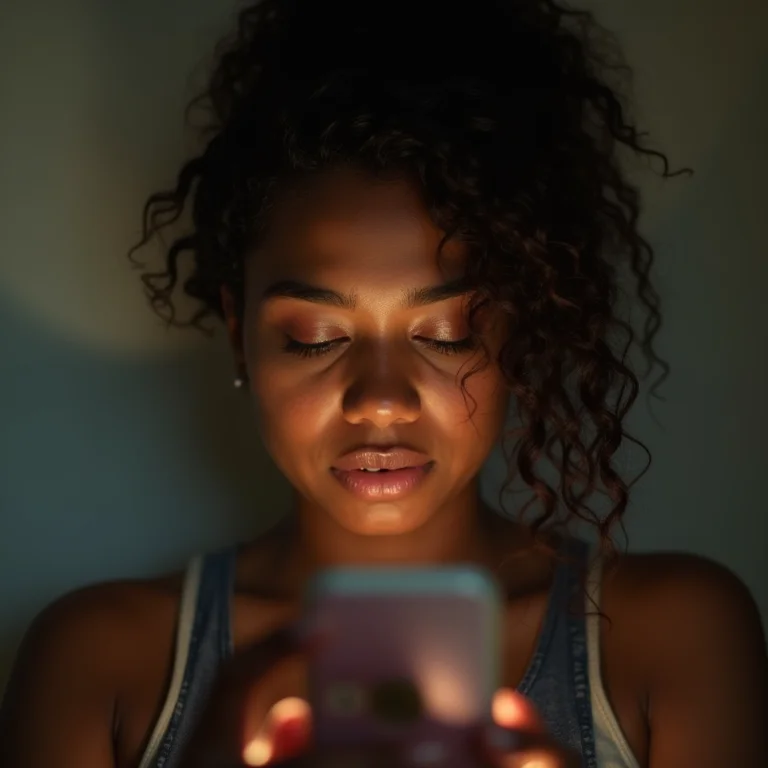 Mulher indígena plus-size olhando para o celular do parceiro.