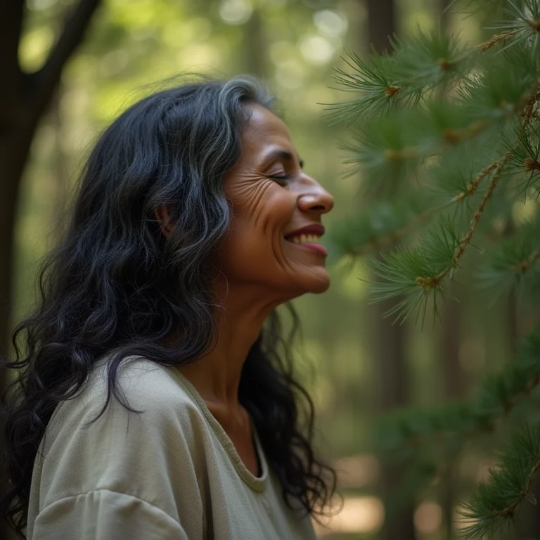 Mulher indígena praticando banho de floresta