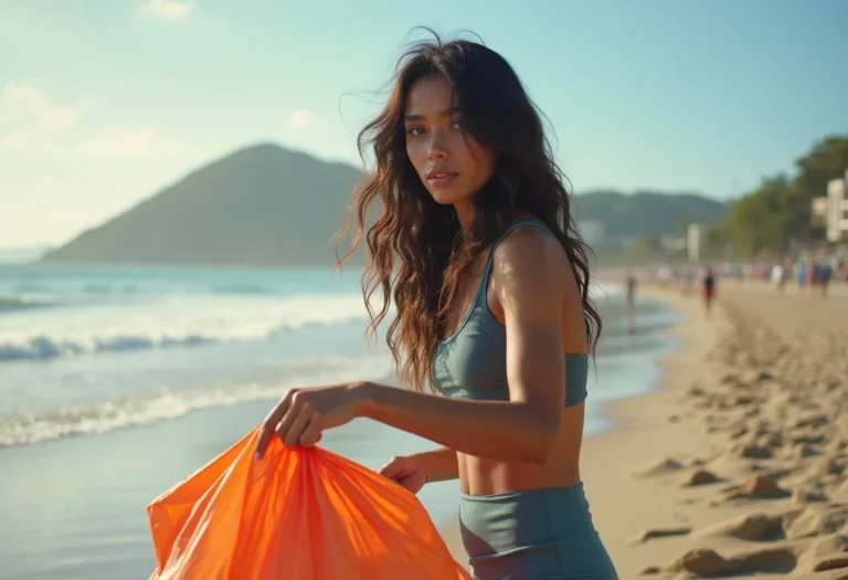 Mulher indígena praticando plogging na praia