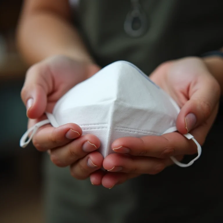 Mulher indígena segurando máscara N95/PFF2