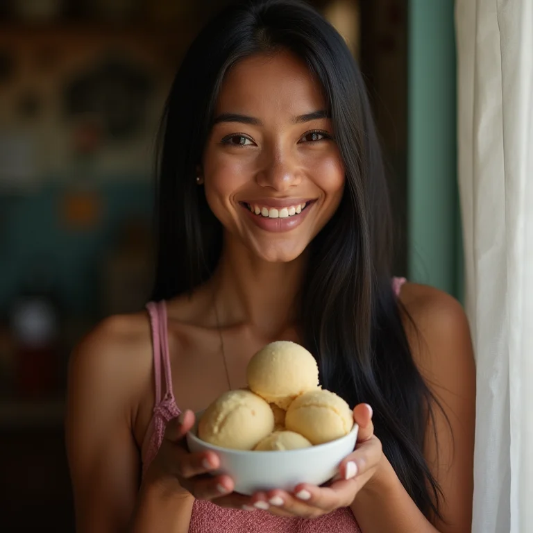 Mulher indígena sorrindo com sorvete de guabiroba