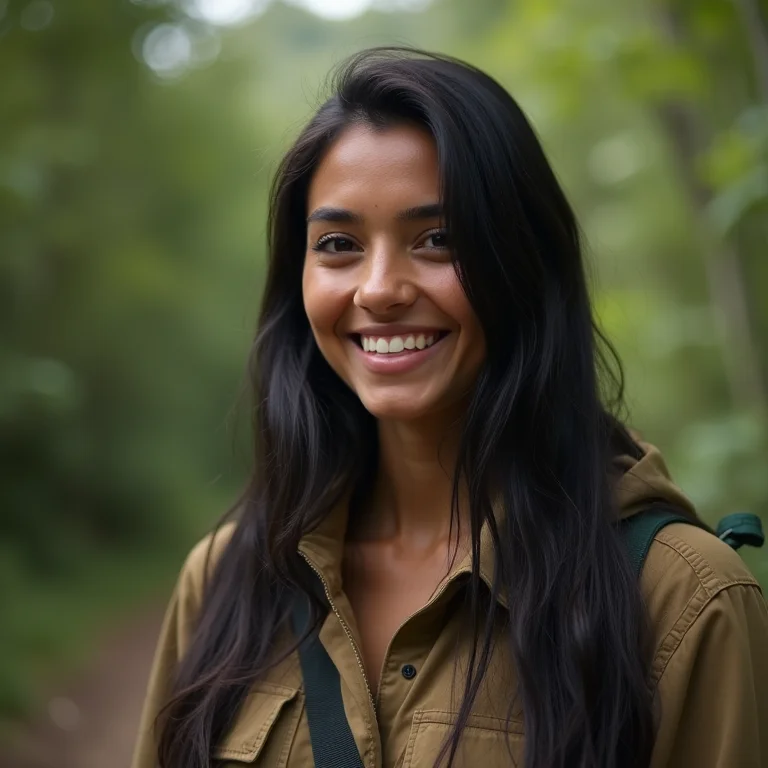 Mulher indígena sorrindo na entrada do Parque Estadual da Cantareira