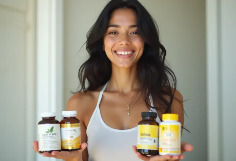 Mulher jovem asiático-brasileira sorrindo com suplementos