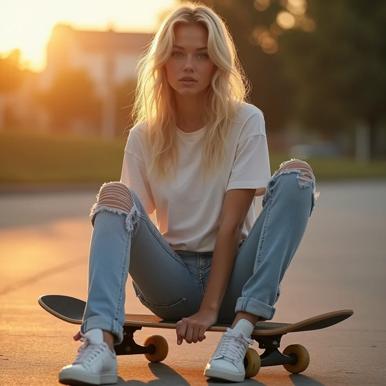 Mulher jovem com camiseta de banda, jeans rasgados e tênis