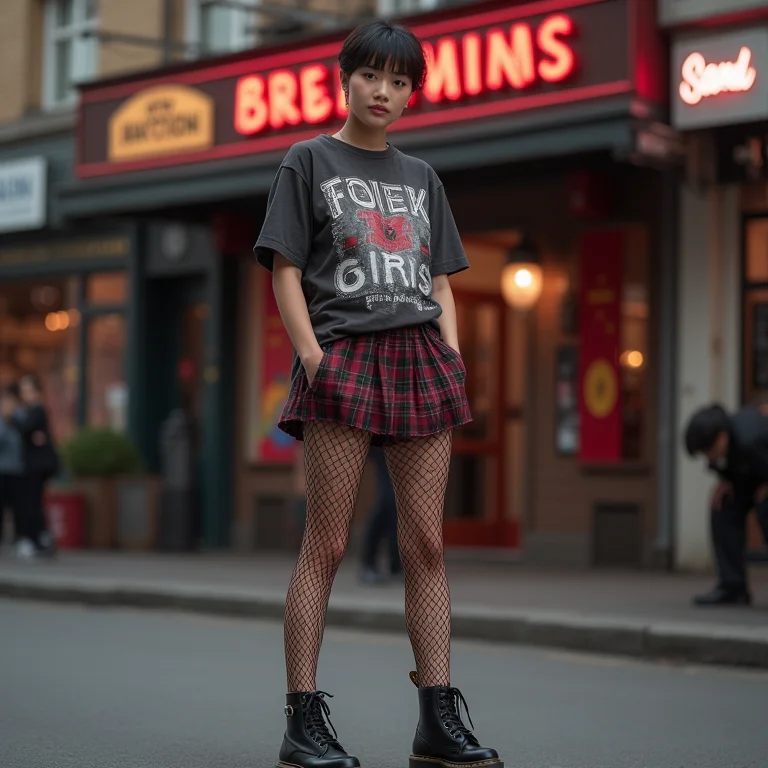 Mulher jovem com camiseta estampada, mini saia xadrez e coturnos