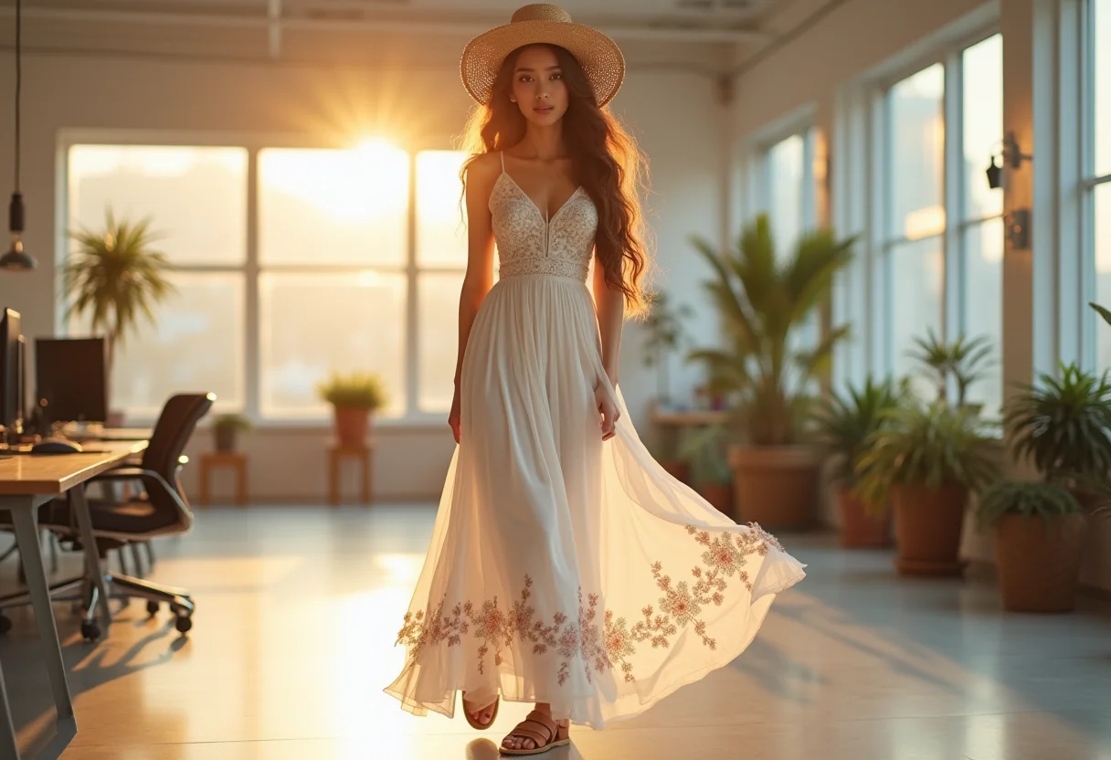 Estilo hippie chic moderno: Como acertar na tendência sem exageros Mulher jovem com vestido maxi floral e chapéu de palha em ambiente de trabalho moderno