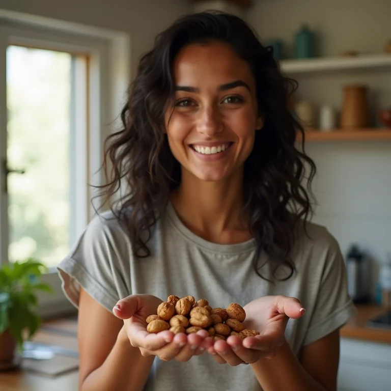 Mulher jovem comendo um punhado de nozes