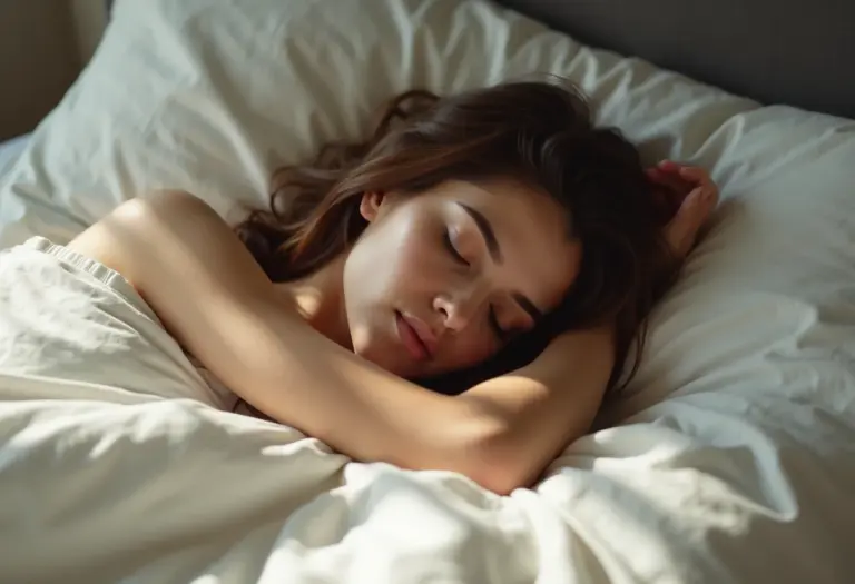 Mulher jovem dormindo profundamente em cama de linho.