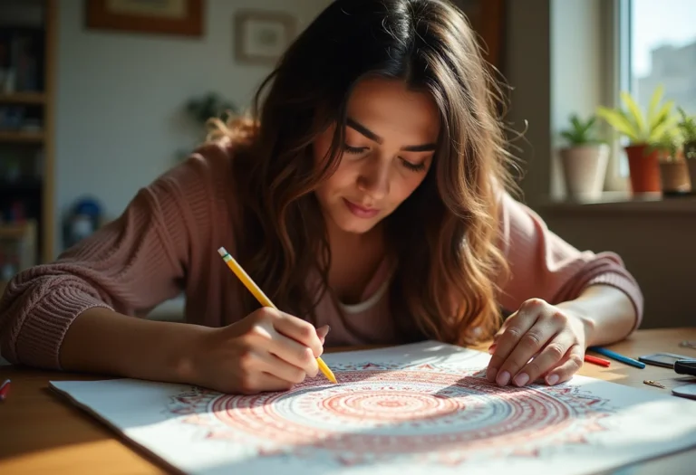 Mulher jovem e concentrada desenhando mandala colorida.