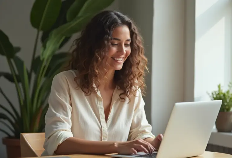 Mulher jovem e confiante analisando dados de influenciadores em um laptop.