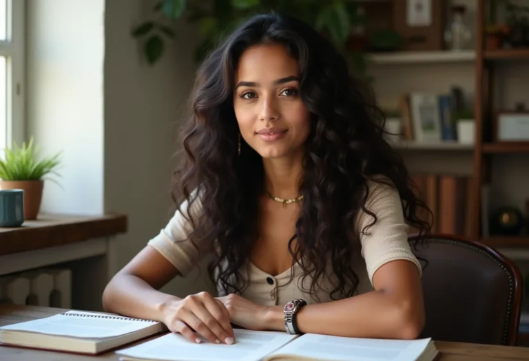 Mulher jovem e confiante estudando para referências bibliográficas