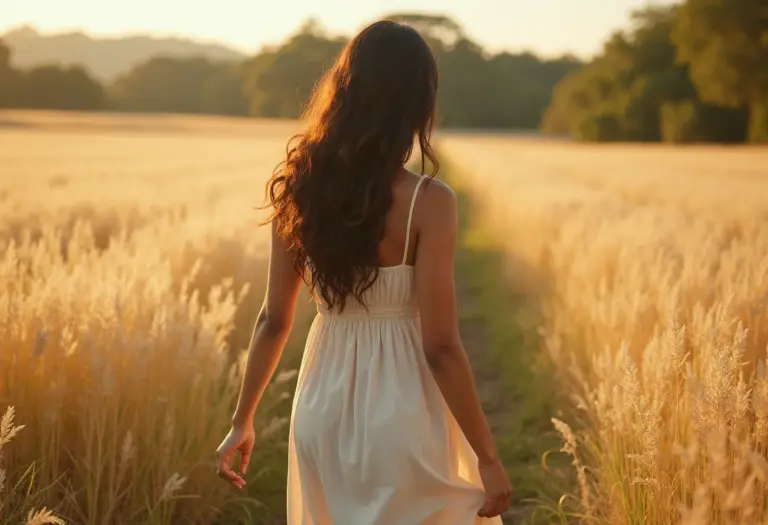 Mulher jovem e elegante vestindo linho em campo ensolarado