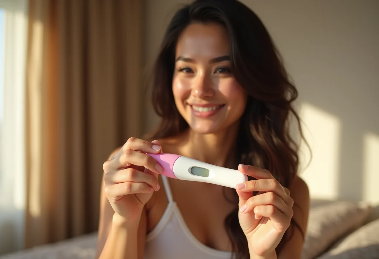 Teste de gravidez de farmácia: Guia completo para não errar Mulher jovem e esperançosa segurando teste de gravidez positivo.