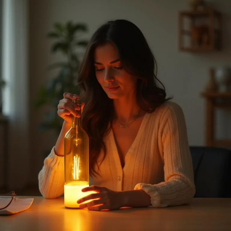 Mulher jovem e estilosa ajustando luminária de mesa DIY feita com garrafa de vinho