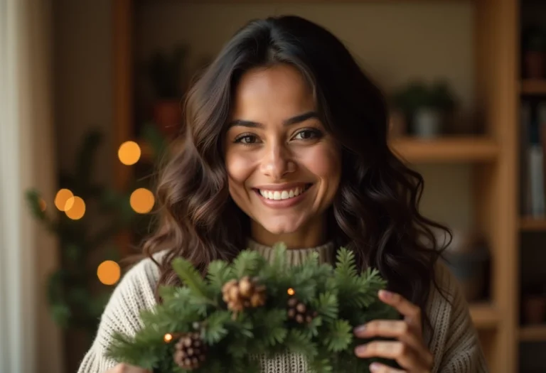 Mulher jovem e parda sorrindo com guirlanda de Natal artesanal