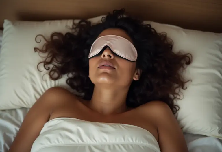 Mulher jovem e relaxada usando máscara de dormir de seda.