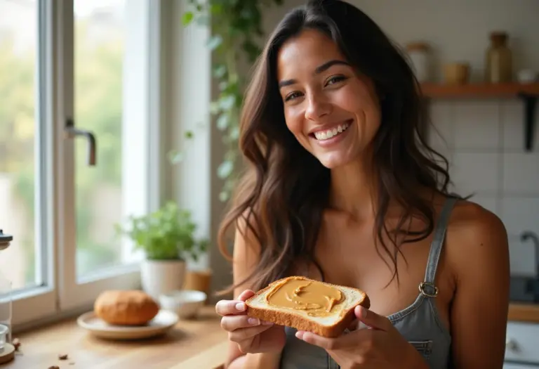 Mulher jovem e saudável preparando torrada com manteiga de amendoim