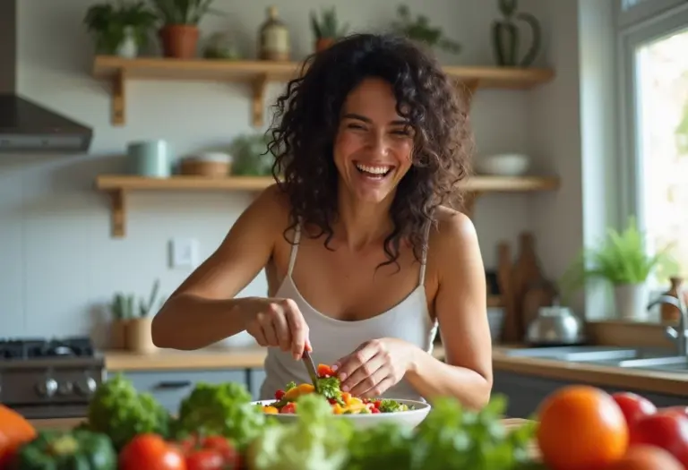 Mulher jovem e saudável preparando um jantar leve e nutritivo.