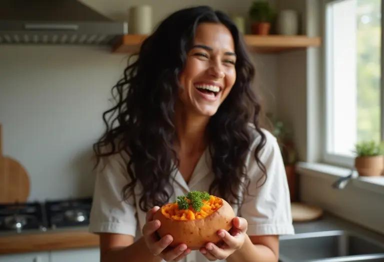 Mulher jovem e sorridente segurando batata doce.