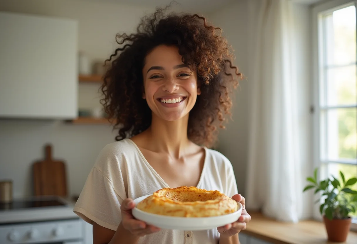 Crepe perfeito: 5 truques que chefs não revelam (e você precisa saber) Mulher jovem e sorridente segurando um crepe perfeito.