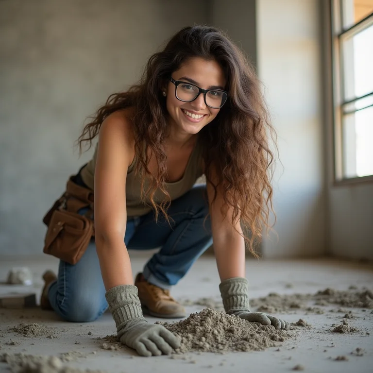 Mulher jovem inspecionando laje de concreto.