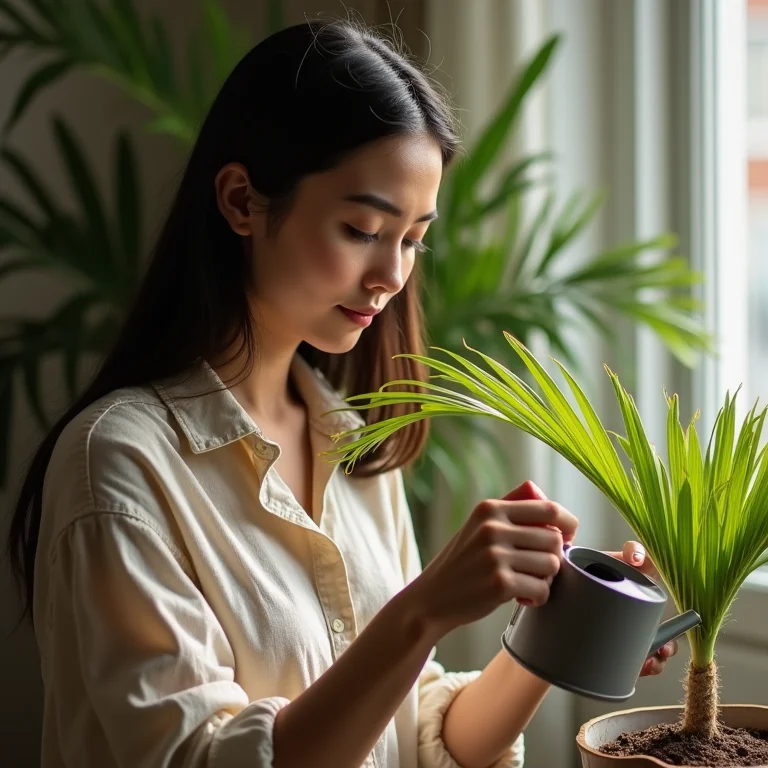 Mulher jovem regando uma palmeira ráfia com cuidado em casa