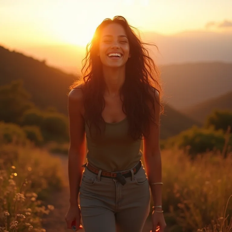 Mulher jovem rindo enquanto caminha em trilha na montanha.