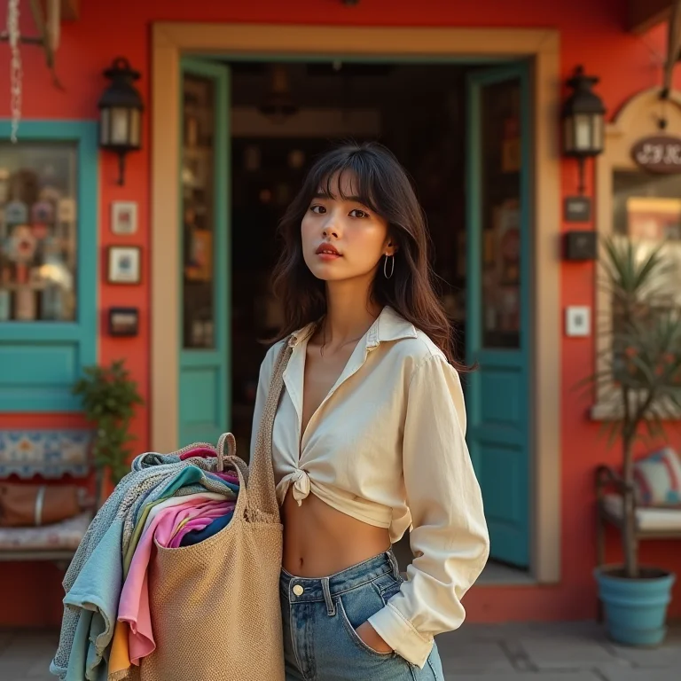 Mulher jovem saindo de brechó com sacola cheia de roupas