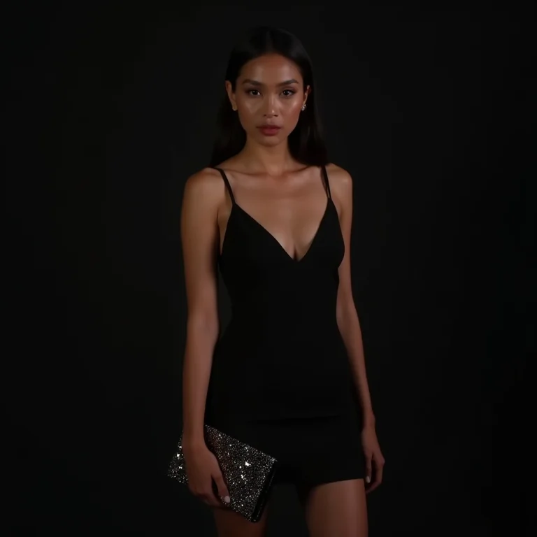 Mulher jovem usando vestido preto de seda com clutch brilhante, look noturno moderno e ousado
