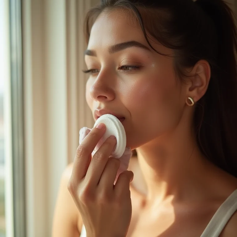 Mulher latina aplicando tônico facial suavemente com algodão.
