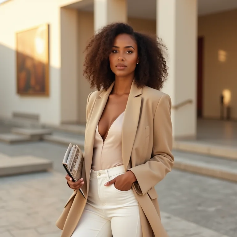 Mulher latina com blazer bege e calça branca em frente a galeria de arte moderna.