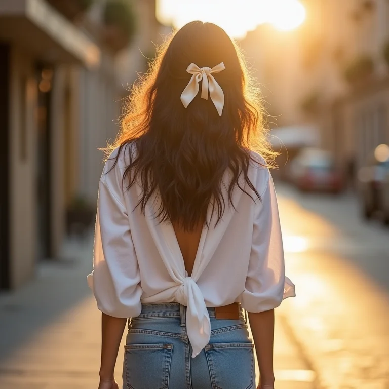 Mulher latina com camisa de linho e jeans, usando laço de seda no cabelo