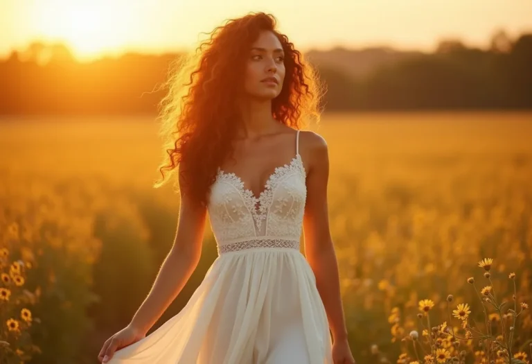 Mulher latina com vestido branco floral em campo de flores, estilo cottagecore