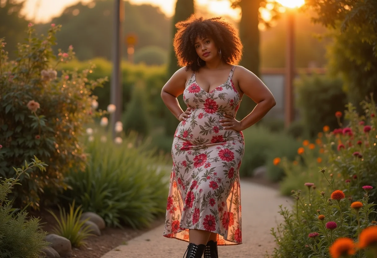 Alerta fashion: Como arrasar nos looks com coturno e vestido floral Mulher latina com vestido floral e coturno preto em jardim ensolarado