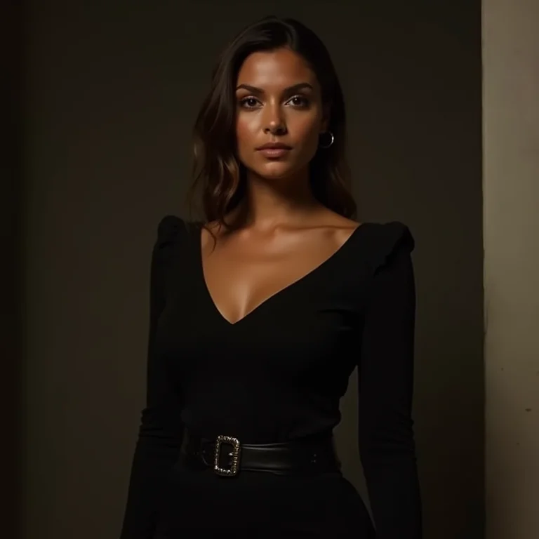 Mulher latina com vestido preto e cinto de couro marcando a cintura