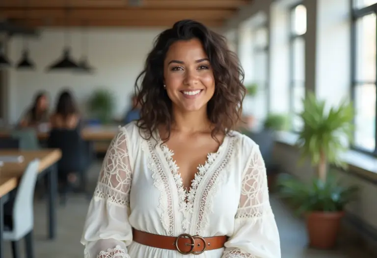 Mulher latina de tamanho médio vestindo vestido de renda branco estilo camponesa no ambiente de trabalho