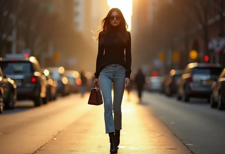 Mulher latina elegante usando calça jeans reta de lavagem clara com gola alta preta e botas de salto alto