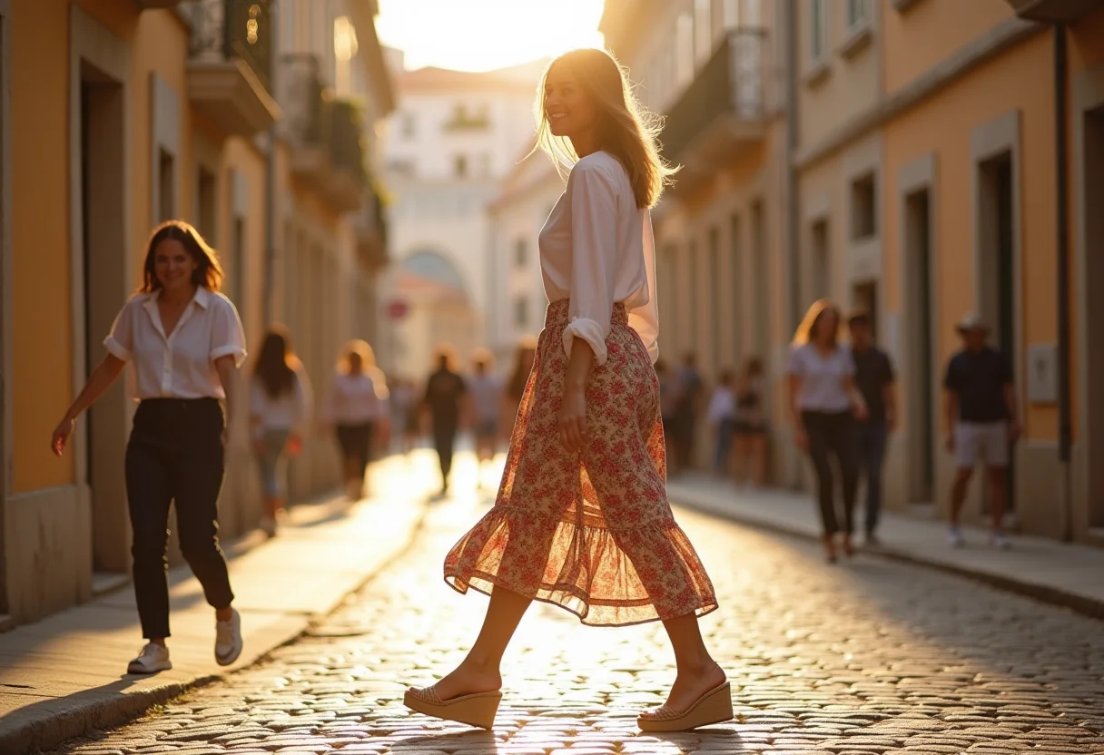 Saias Midi Rodadas Boho: o truque de styling que alonga a silhueta Mulher latina elegante usando saia midi floral, blusa de linho branca e sandálias de espadrille