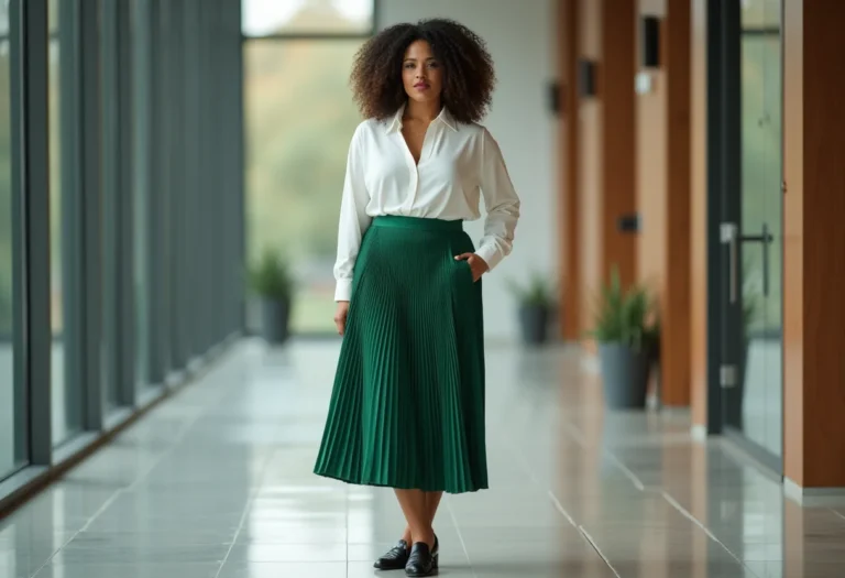 Mulher latina elegante usando saia midi plissada verde esmeralda e camisa de seda branca em ambiente de trabalho moderno
